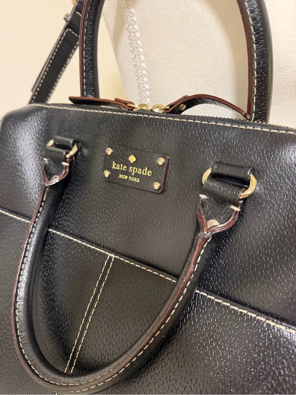 kate spade Black Leather Laptop Satchel Bag Gold Hardware Crossbody Purse Tote